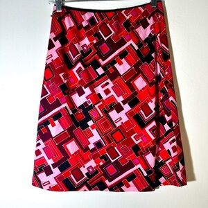 Paris Blues Asymmetrical Skirt in Red and Pink Geometric Pattern